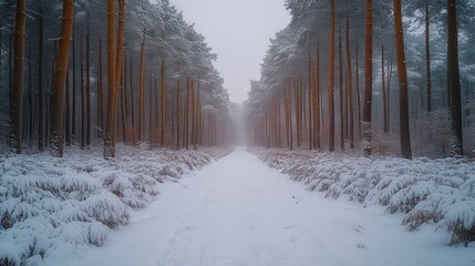 A serene winter forest path covered in snow, creating a tranquil atmosphere.