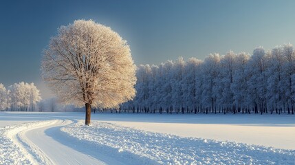 A serene winter landscape featuring a frosted tree and a snow-covered path.