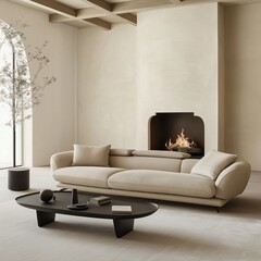 Modern living room interior design with beige sofa, black coffee table. Fireplace in background. Cosy room with minimalist style. Interior design japanese. Home spacious, comfortable. Neutral colors