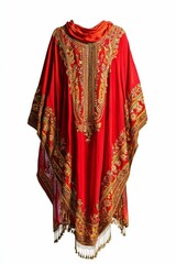 Red ornate poncho, gold embroidery, elegant.