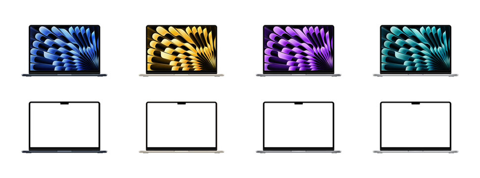 modern laptops MacBook air with blank screens in three colors isolated on white background.