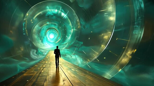 A figure strides along a shimmering golden pathway leading into a bright, swirling vortex.