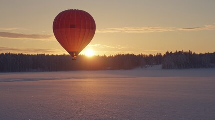Obraz premium Vibrant Red Hot Air Balloon Gliding Over a Snowy Landscape at Sunset with Fiery Skies and Forest in the Background