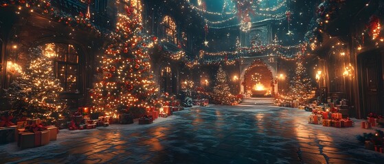 Obraz premium Interior shot of a large room with the lights on, a large, colorfully decorated Christmas tree, sunlight streaming in through the windows, and burning logs in the fireplace.