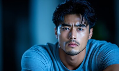Obraz premium A distressed young Asian man receives psychological support and therapy for depression, featuring calming blues 