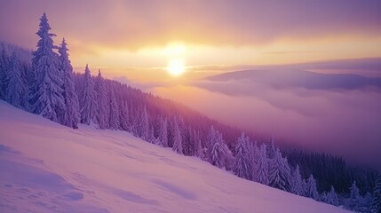 Serene Winter Landscape at Sunset with Snow-Covered Trees in a Mystical Foggy Environment Reflecting Soft Hues of Purple and Gold