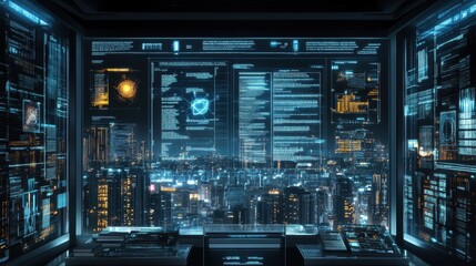 Futuristic Control Room Overlooking a High-Tech Cityscape with Neon Lights, Data Displays, and Advanced Technology Interface at Night