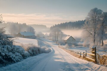 It is an emotional and beautiful scene of a road with traces of several cars passing by after heavy snow fell and the trees and fields turned white.
