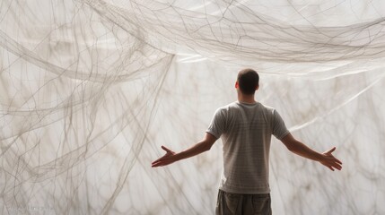 The man stands with arms outstretched, lifting a delicate sheer curtain in an illuminated space. The open posture and flowing fabric convey a sense of freedom, hope, and emotional release.