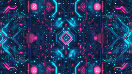 High-tech, futuristic pattern inspired by circuit boards and neon lights. Glowing nodes, and abstract shapes in cyberpunk style. Color palette of blue, green, pink, and black.