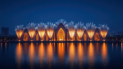 A stunning illuminated building with fireworks reflecting on water at night.