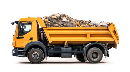 Orange dump truck filled with various construction debris and materials isolated on white background, side view.