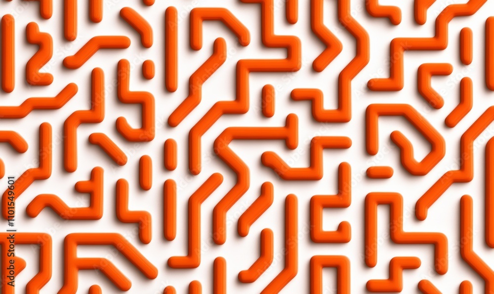 Poster abstract maze design with orange lines on white, embodying a complex, modern, tech-inspired creativi