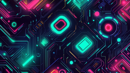 High-tech, futuristic pattern inspired by circuit boards and neon lights. Glowing nodes, and abstract shapes in cyberpunk style. Color palette of blue, green, pink, and black.