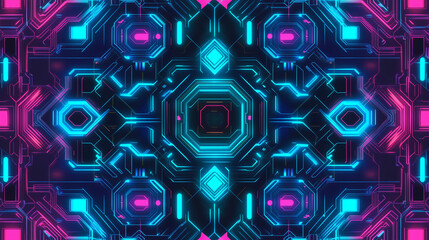 High-tech, futuristic pattern inspired by circuit boards and neon lights. Glowing nodes, and abstract shapes in cyberpunk style. Color palette of blue, green, pink, and black.