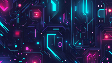High-tech, futuristic pattern inspired by circuit boards and neon lights. Glowing nodes, and abstract shapes in cyberpunk style. Color palette of blue, green, pink, and black.