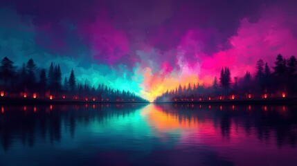 Fototapeta premium Vibrant Sunset Reflection Over Calm Lake Surrounded by Trees and Glowing Lanterns in a Dreamy Landscape