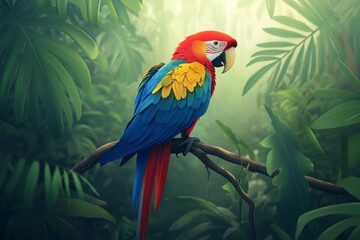 Fototapeta premium Vibrant macaw perched on branch, lush jungle.