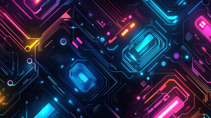 High-tech, futuristic pattern inspired by circuit boards and neon lights. Glowing nodes, and abstract shapes in cyberpunk style. Color palette of blue, green, pink, and black.
