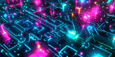 High-tech, futuristic pattern inspired by circuit boards and neon lights. Glowing nodes, and abstract shapes in cyberpunk style. Color palette of blue, green, pink, and black.