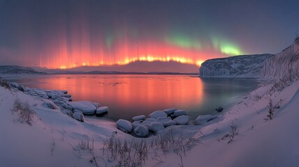 A stunning winter landscape featuring auroras reflected in a serene lake surrounded by snow.