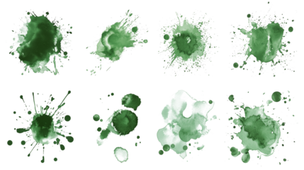 Set of green watercolor splashes isolated on transparent background