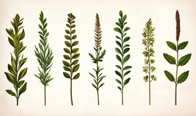 Fototapeta premium Antique engraving of forage plants from Brockhaus Konversations-Lexikon 1908; sepia and sage tones 