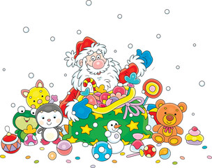 Santa Claus with putting Christmas presents, toys and sweets in his magical gift bag, vector cartoon illustration isolated on a white background