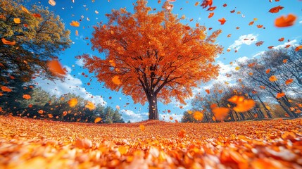 A vibrant autumn scene featuring a large orange tree amidst falling leaves on the ground.