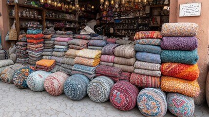 A vibrant display of colorful rugs and cushions in a market setting.