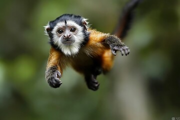 Fototapeta premium Adorable monkey mid-air, orange and black fur.