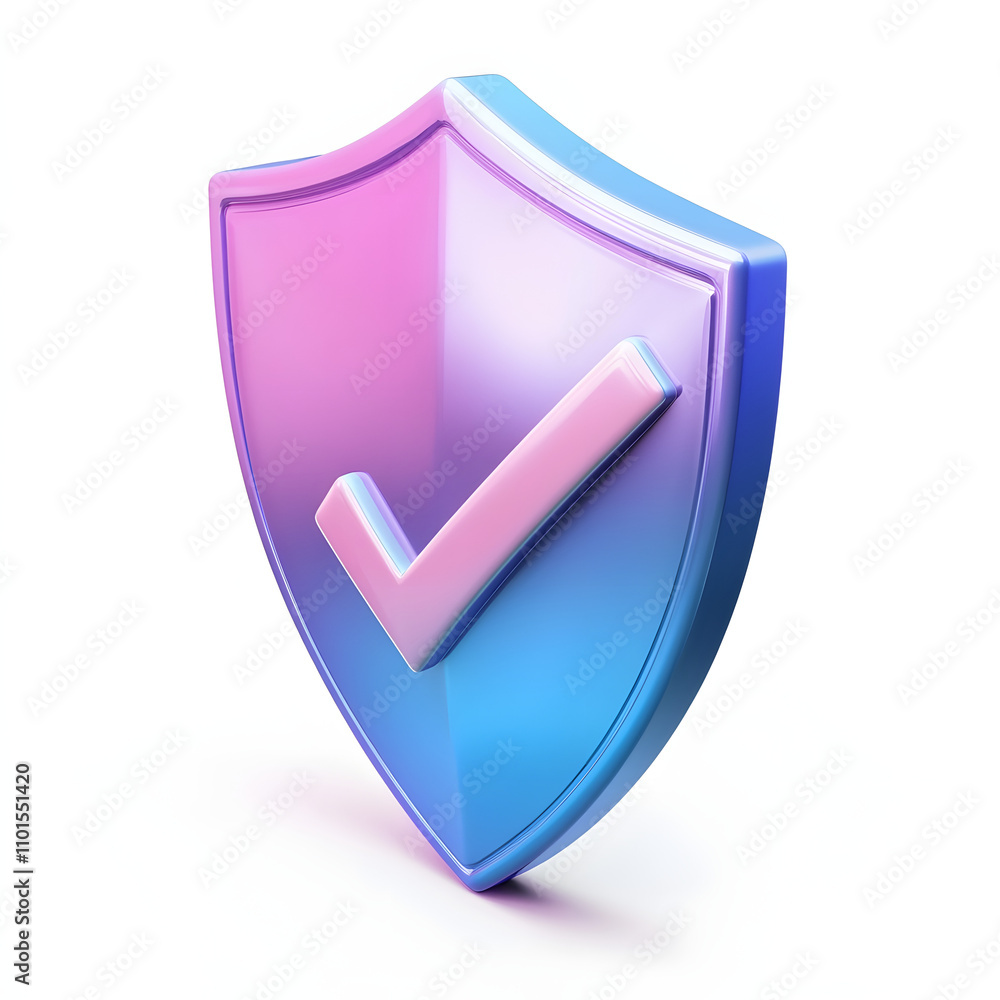 Wall mural cartoon 3d Icon safety shield check mark perspective . Blue and purple symbol security safety icon. Checkmark in minimalistic style. 3d vector illustration. white background	