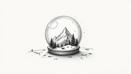 Monochrome snow globe featuring a mountain landscape with trees and a deer silhouette
