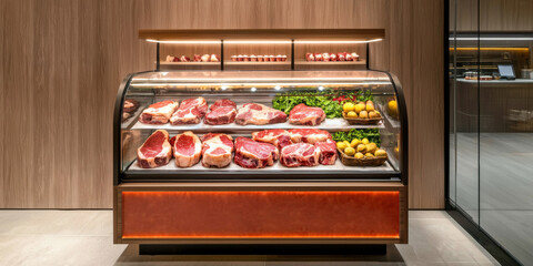 Premium cuts of meat displayed in clean, modern butcher shop