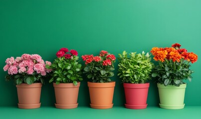 Naklejka premium Bright flower shop display with colorful flowers in pots against a green wall; fresh atmosphere 