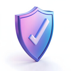 cartoon 3d Icon safety shield check mark perspective . Blue and purple symbol security safety icon. Checkmark in minimalistic style. 3d vector illustration. white background	