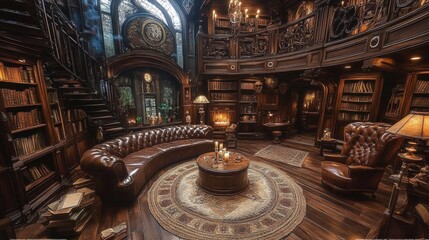 Cozy and Elegant Antique Library Interior with Leather Sofa, Wooden Shelves, Warm Lighting, and Decorative Artifacts in a Historical Setting