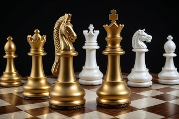 chess pieces with gold and white pieces on a chess board
