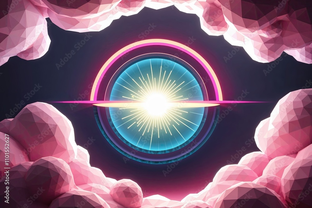 Poster three-dimensional layered polygonal design of an ellipse radiating vibrant light in a whimsical clou
