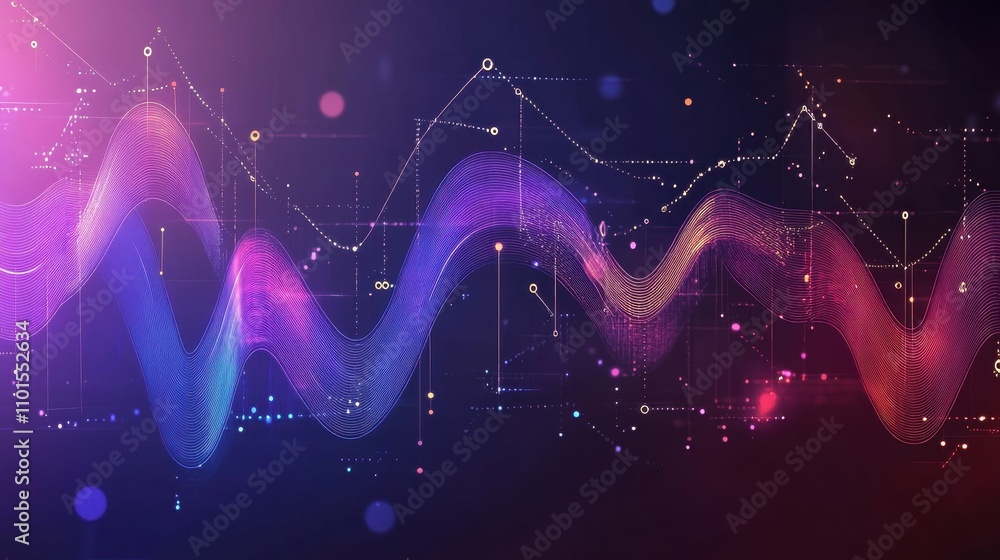 Poster abstract digital visualization of data trends and waves in vibrant colors.
