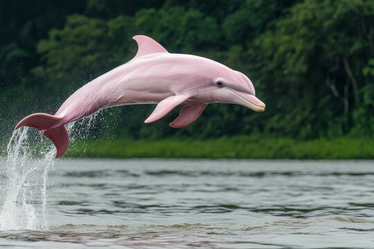 Pink dolphin leaping from water, green background.