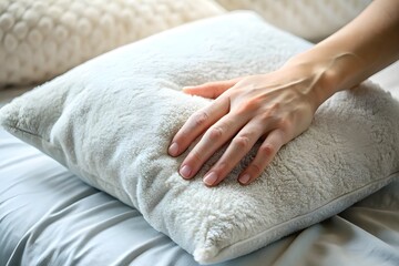 Hand touching soft pillow on bed. Comfort and relaxation product
