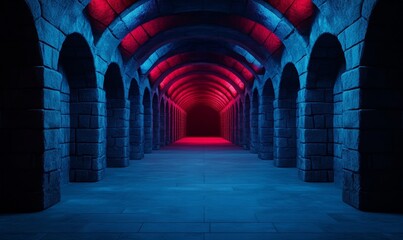 Dungeon illuminated by mysterious blue and red lights, featuring arched stone tunnels; fantasy, horror themes 