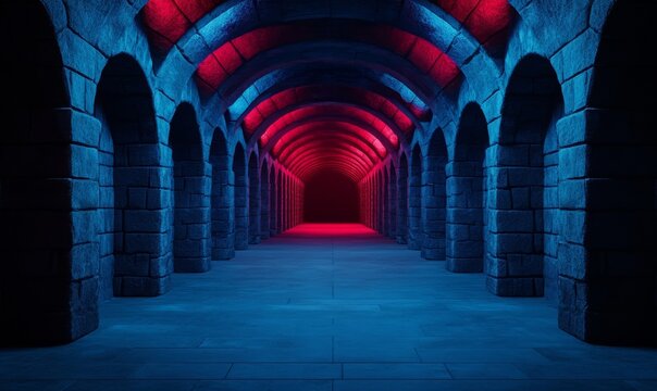 Dungeon illuminated by mysterious blue and red lights, featuring arched stone tunnels; fantasy, horror themes 
