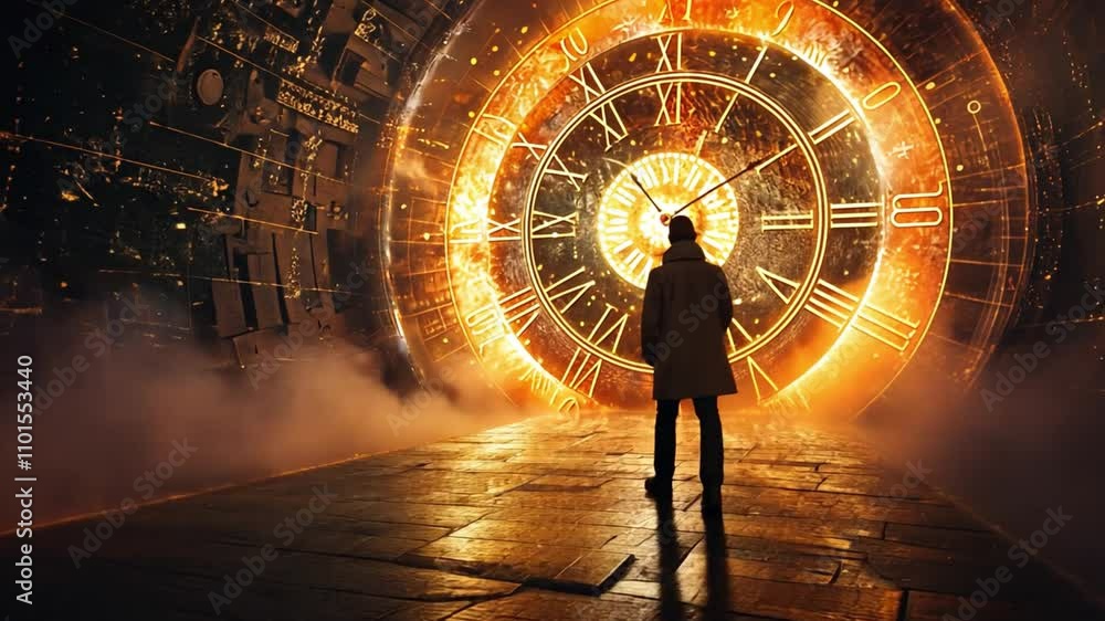 Aufkleber A person in a coat approaches a radiant clock portal set in a dark, futuristic landscape. The scene is filled with glowing patterns and an ethereal atmosphere, evoking curiosity and intrigue.