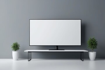 a close up of a television on a stand with a plant