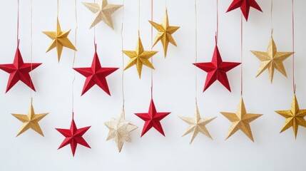 Obraz premium Vertical string of paper Christmas stars in red and gold, hanging gracefully, on a white backdrop