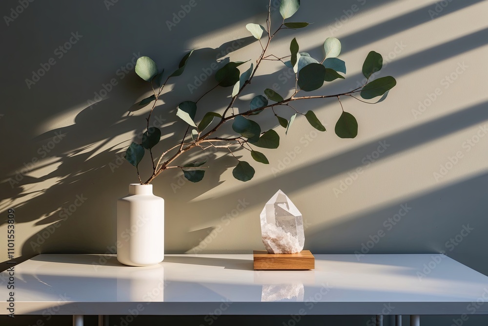 Aufkleber Minimalist Quartz Table Display with Eucalyptus Shadows in Serene Dawn Light