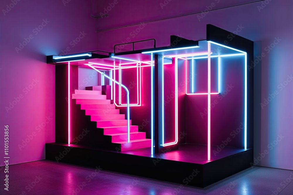 Poster dazzling three-dimensional display of abstract architecture with neon filaments glinting in the shad