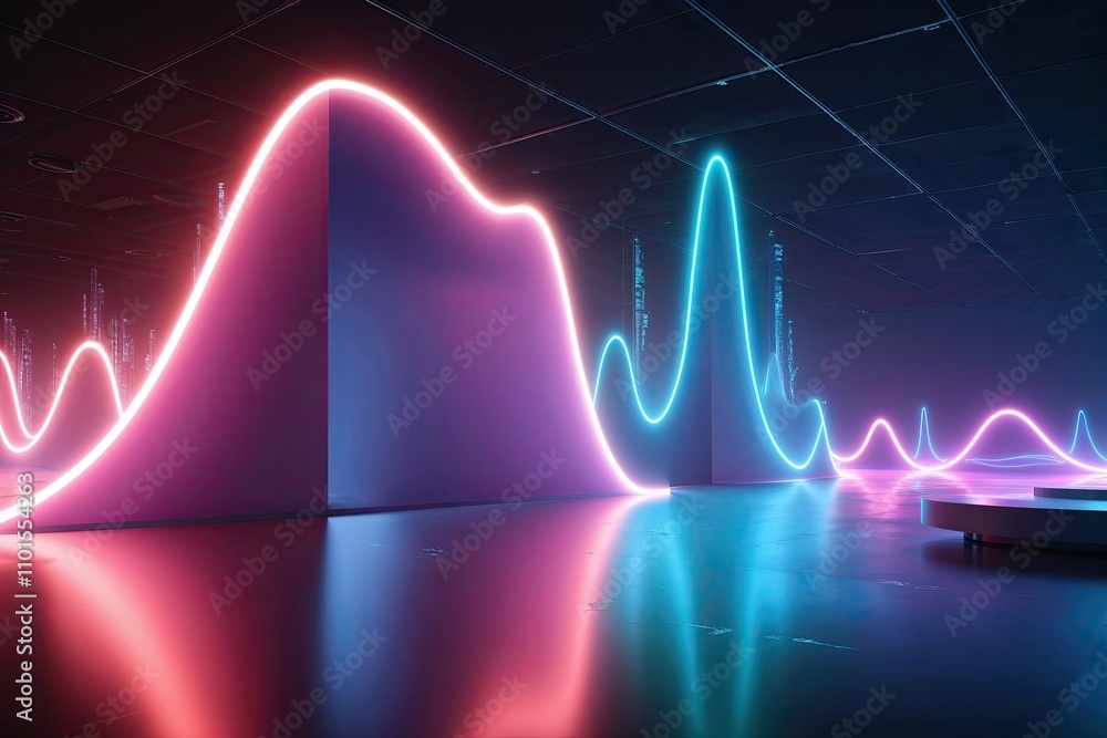 Poster dynamic 3d abstract scene with glowing neon waveforms and cutting-edge digital technology